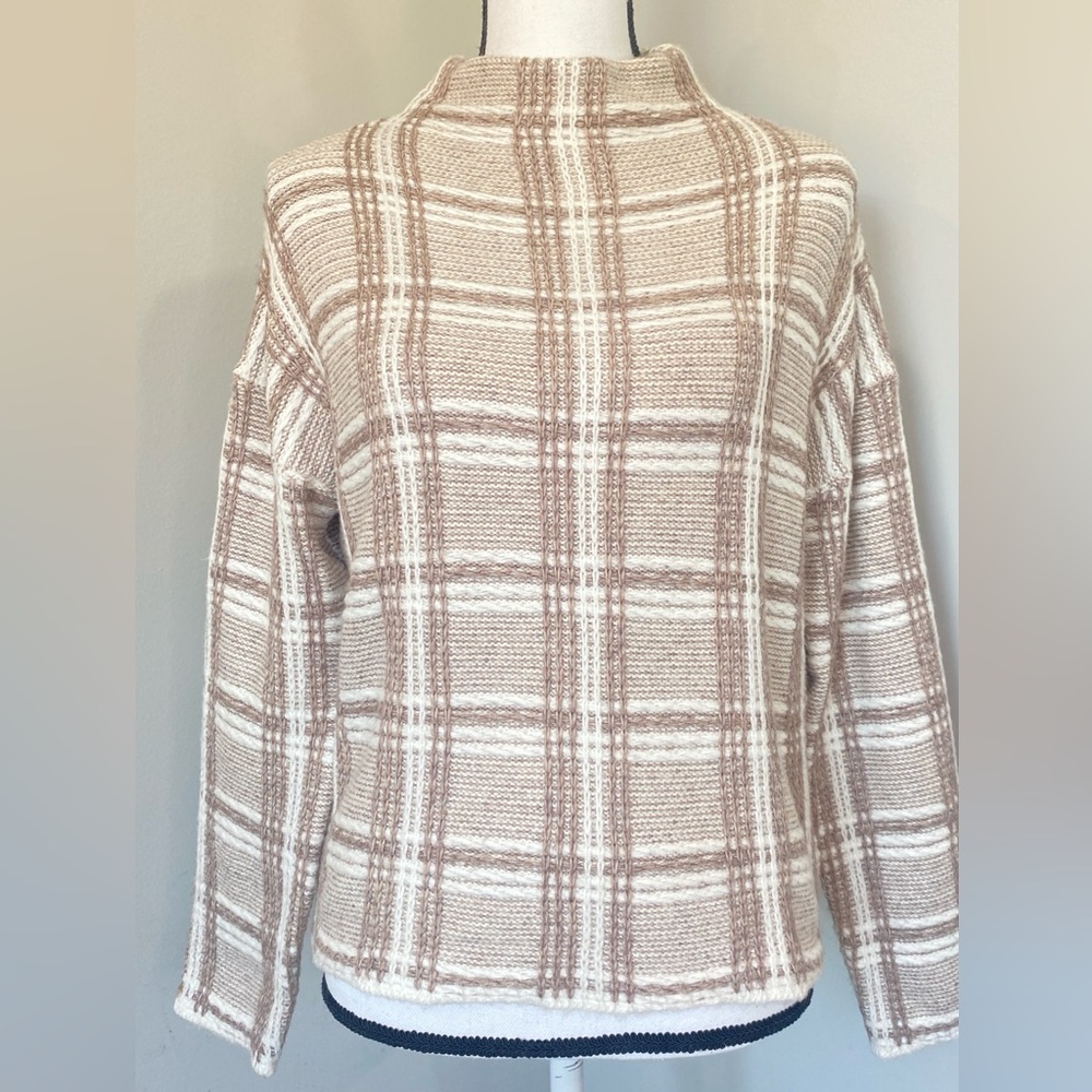 Rachel Zoe Tan Beige Cream Plaid Knit Mock-neck Sweater XS Cozy Neutral Lagenloo